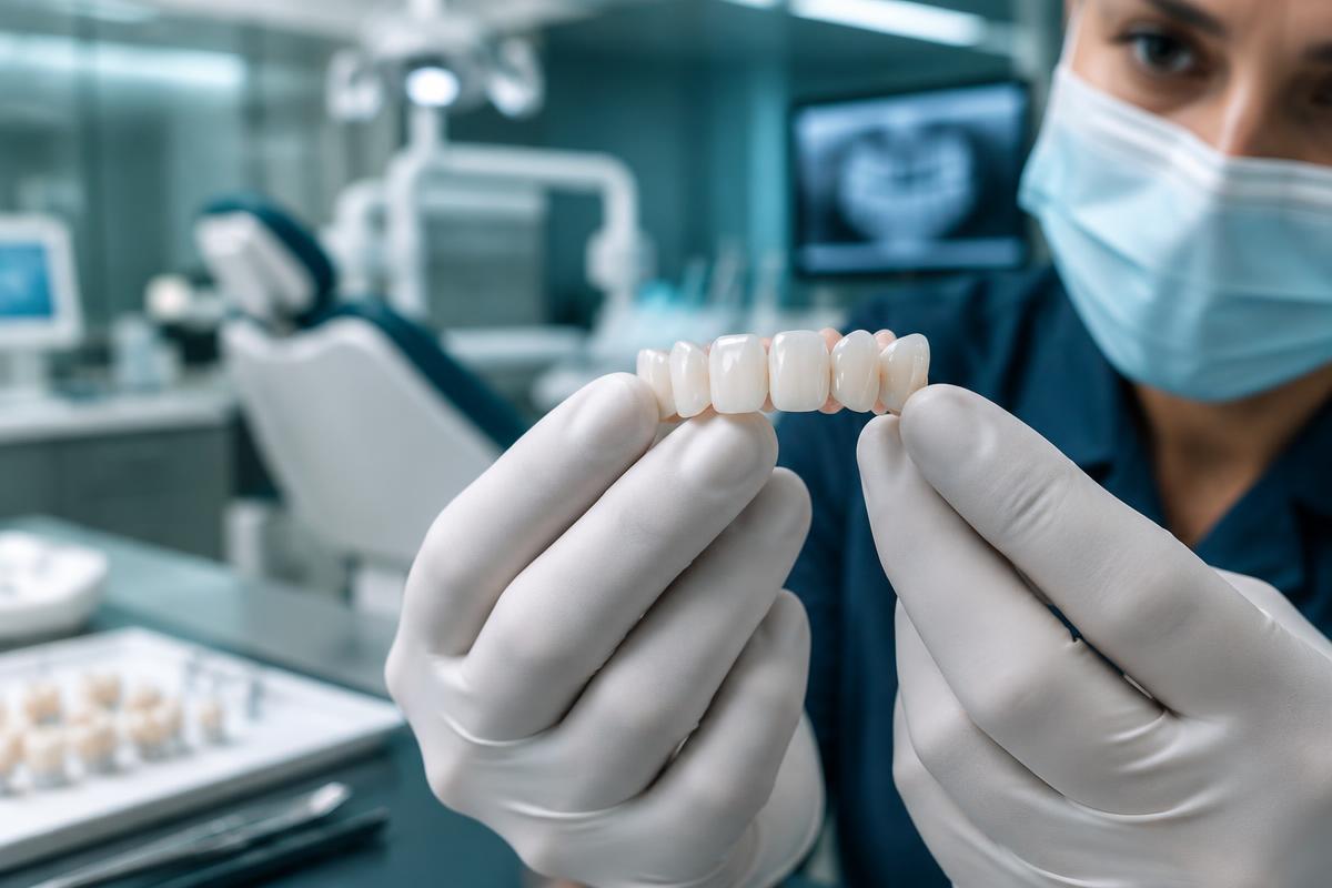 Prótese dentária sendo cuidadosamente analisada